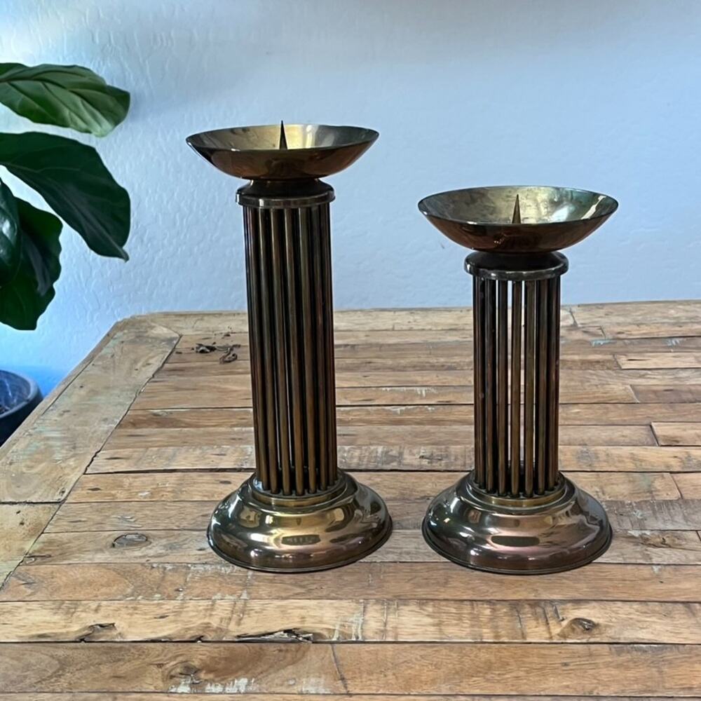 Vintage Hollywood Regency Column Brass Pillar Candle Holders Pair 9" & 11"